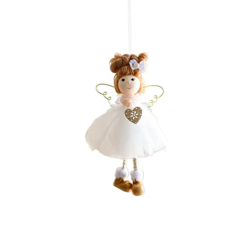 White Christmas tree hanging ornament with mesh angel girl design, snowflake styling, and metal, plastic, and cloth construction.