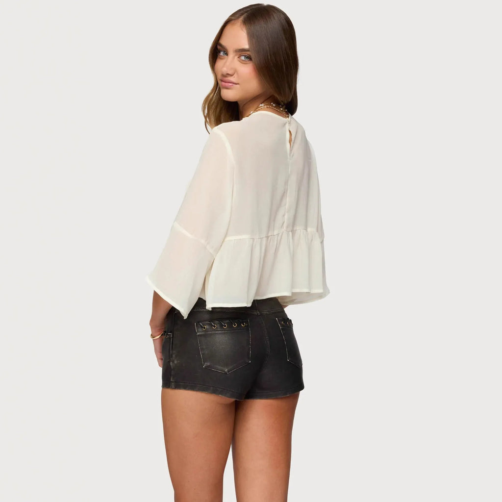 Women's Milky White chiffon T-shirt with batwing sleeves, short length pullover style