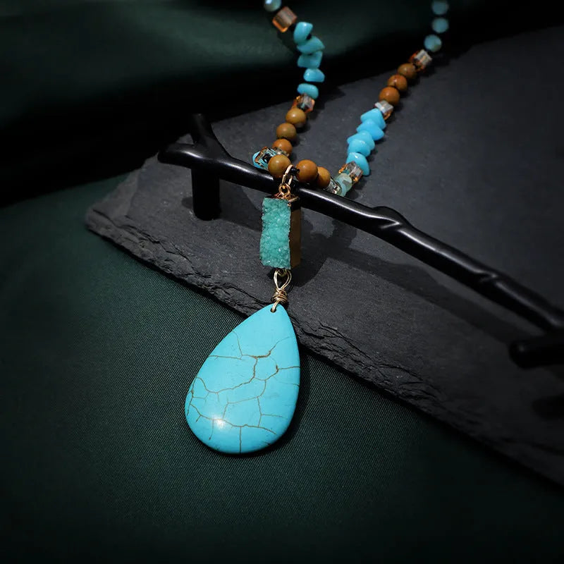 Turquoise blue imitation mineral pendant necklace with geometric design on adjustable ball bead chain