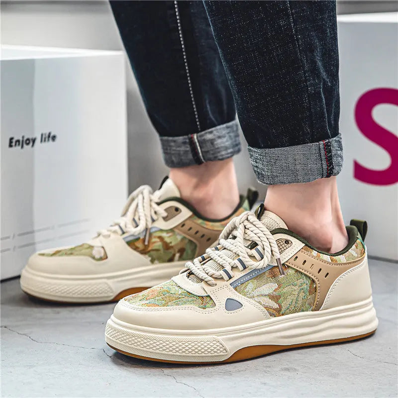 Casual beige and green canvas flat shoes for men with round toe, shown in sizes 39 to 44.