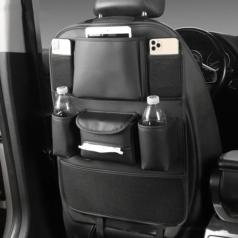 Genuine leather car seat back storage bag in black, grey, green, and brown colour options