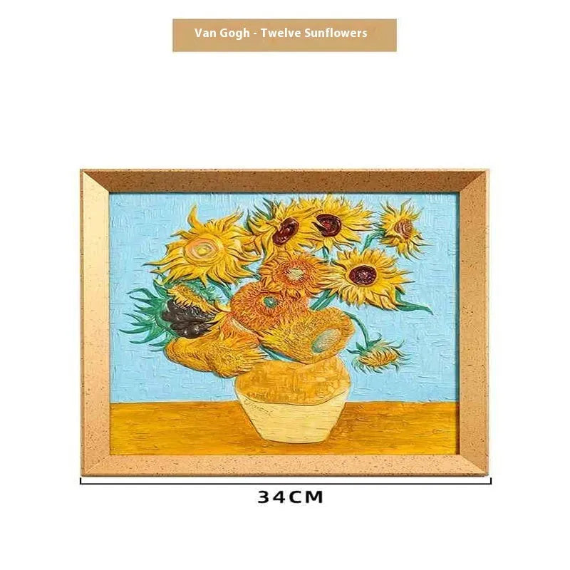 DIY filled oil painting kit showing pre-drawn epoxy canvas of Van Gogh's Starry Night with acrylic paints and brushes