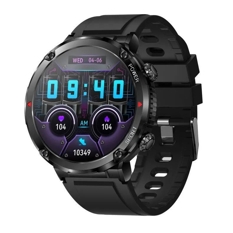 T30 smart watch with black silicone strap showing IPS touch screen displaying heart rate data
