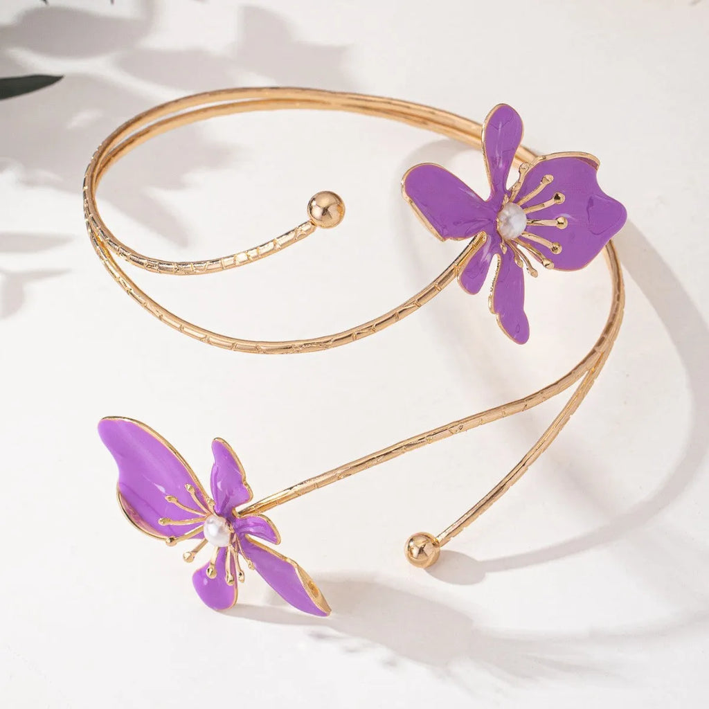 Personalised hollow pattern alloy armband in pink or purple colour with engraved lines.