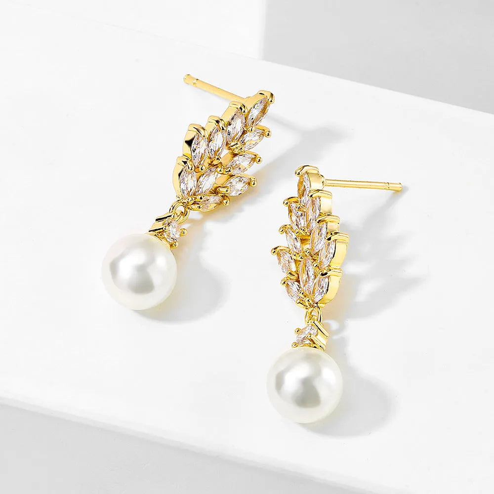 Geometric women's earrings with micro inlaid zircon stones and pearl accents in three metal colours