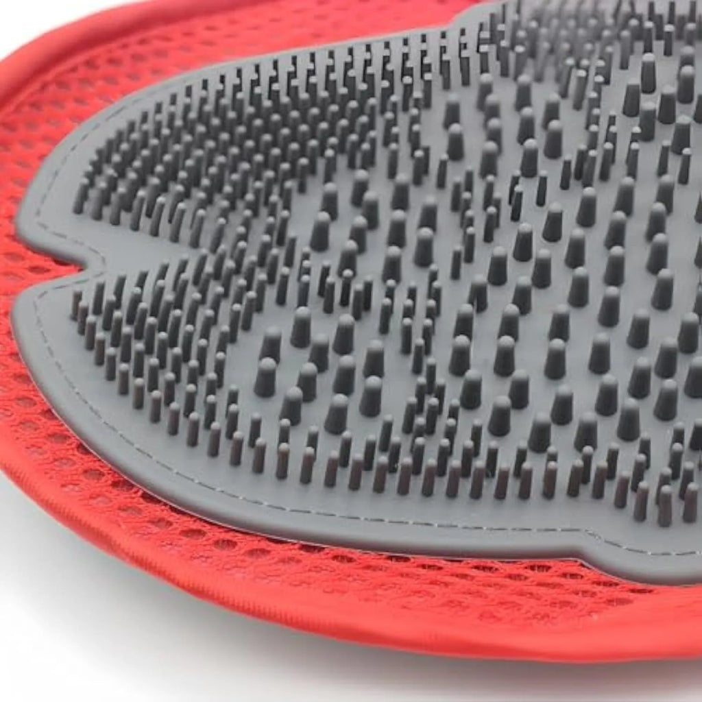 Red pet bathing glove with integrated brush surface for hair removal during dog and cat grooming