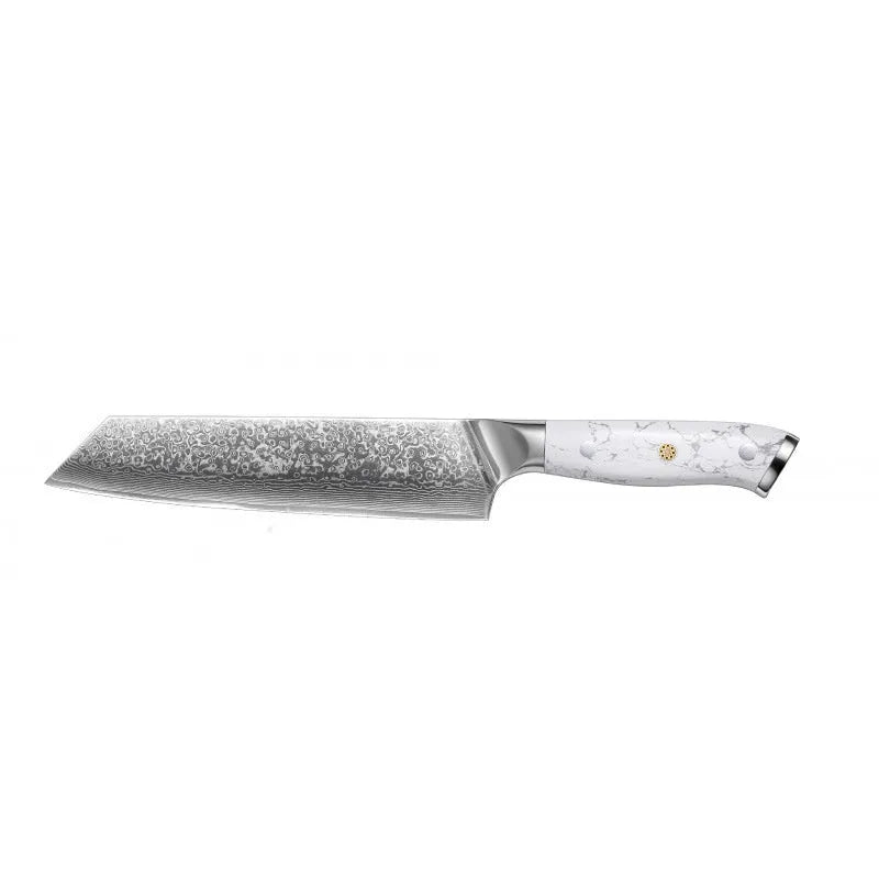 Damascus pattern VG10 steel chef knife with 21cm blade on cutting board