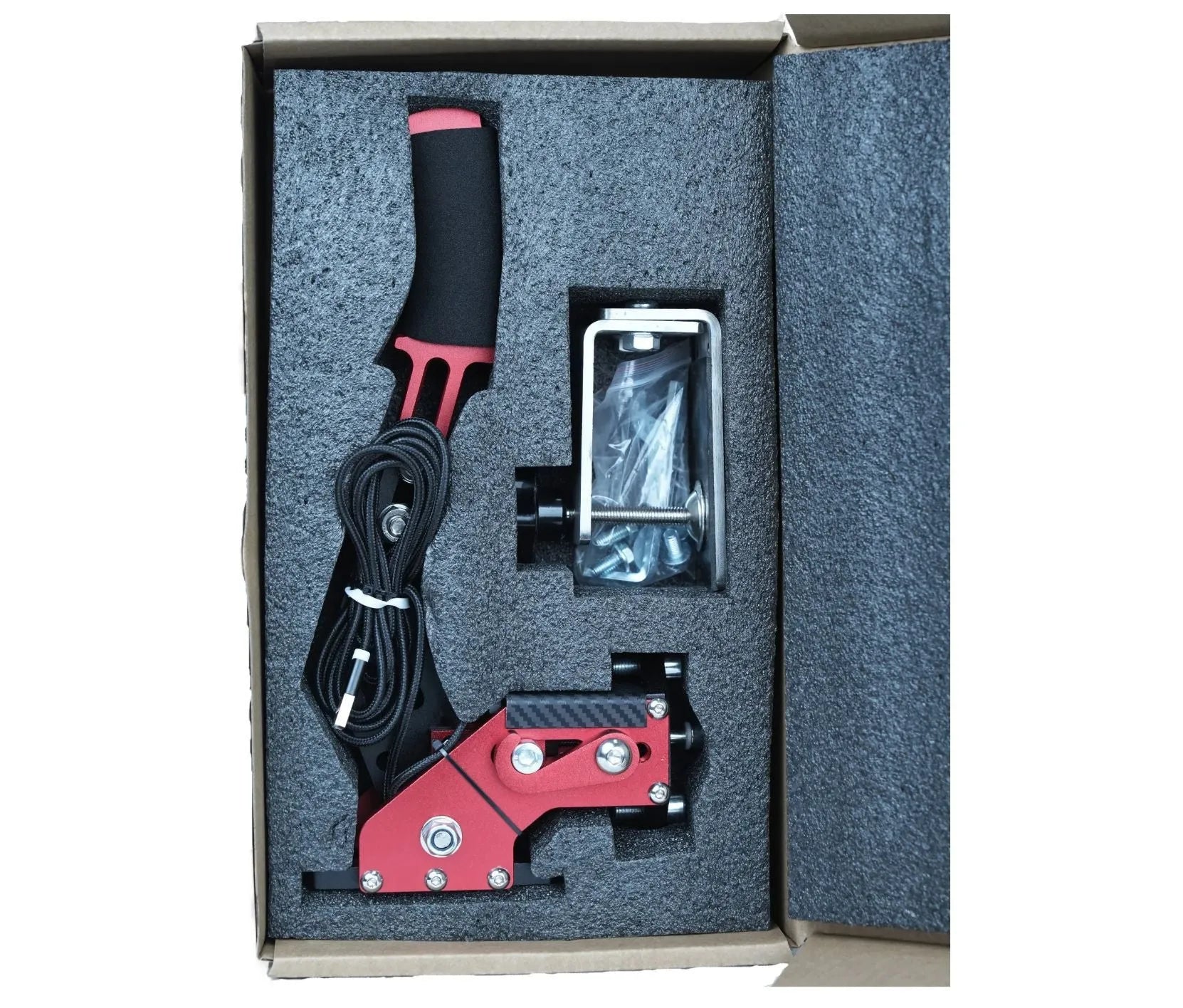 USB PC sim racing handbrake with linear lever and adjustable mounting clamp in multiple colours.