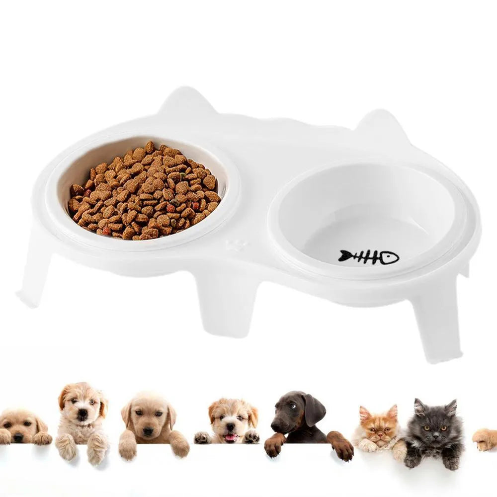 Blue ceramic cat food and water bowls on a white elevated plastic stand with a hook
