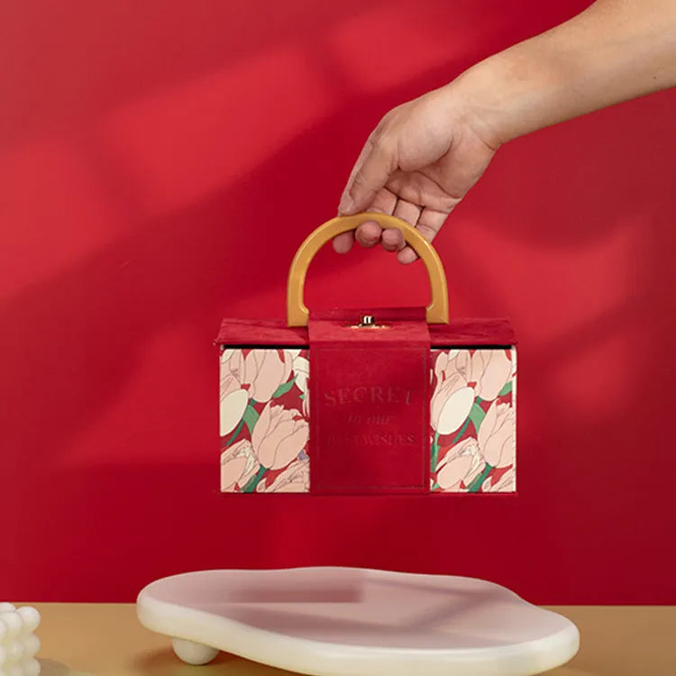 French tulip flannel cloth cosmetic case in red, shown with gift box packaging