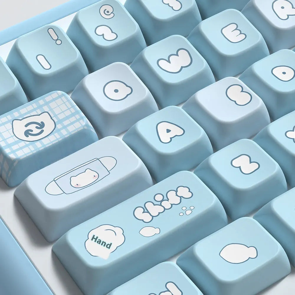 Custom watercolour kitten design mechanical keyboard keycap set with opaque legends, shown in a box.