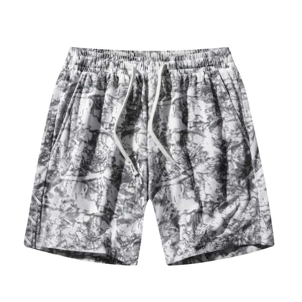 Men's camouflage pattern corduroy athletic shorts with straight cut and elastic waist