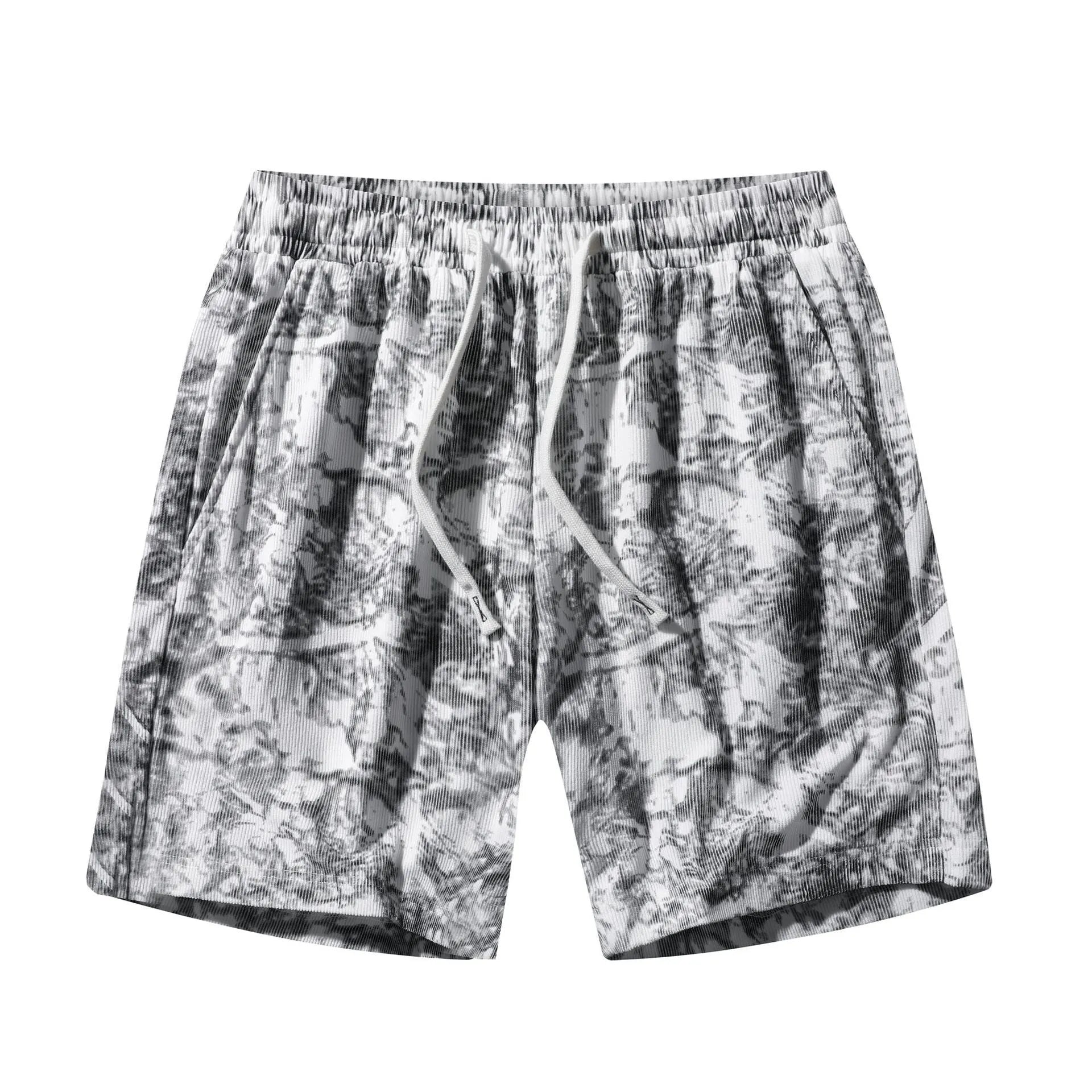 Men's camouflage pattern corduroy athletic shorts with straight cut and elastic waist