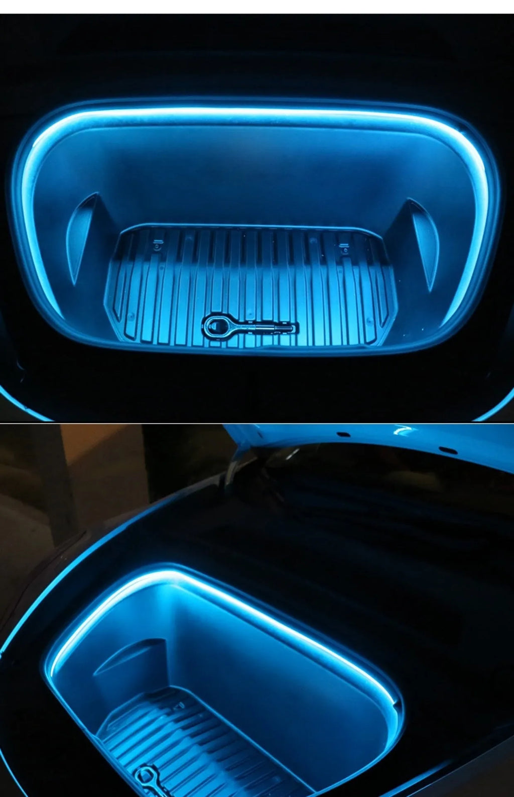 Tesla Model 3 Y front ambience light kit with soft silicone light bar in pure white, warm white, or ice blue colour options.