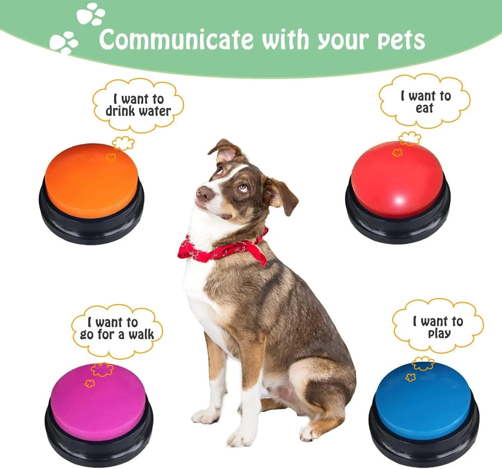Voice recording pet training button in five colour options showing large record/playback button