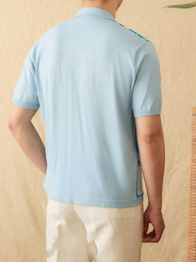 Men's striped short-sleeved polo shirt with a knitted cardigan design in light blue.