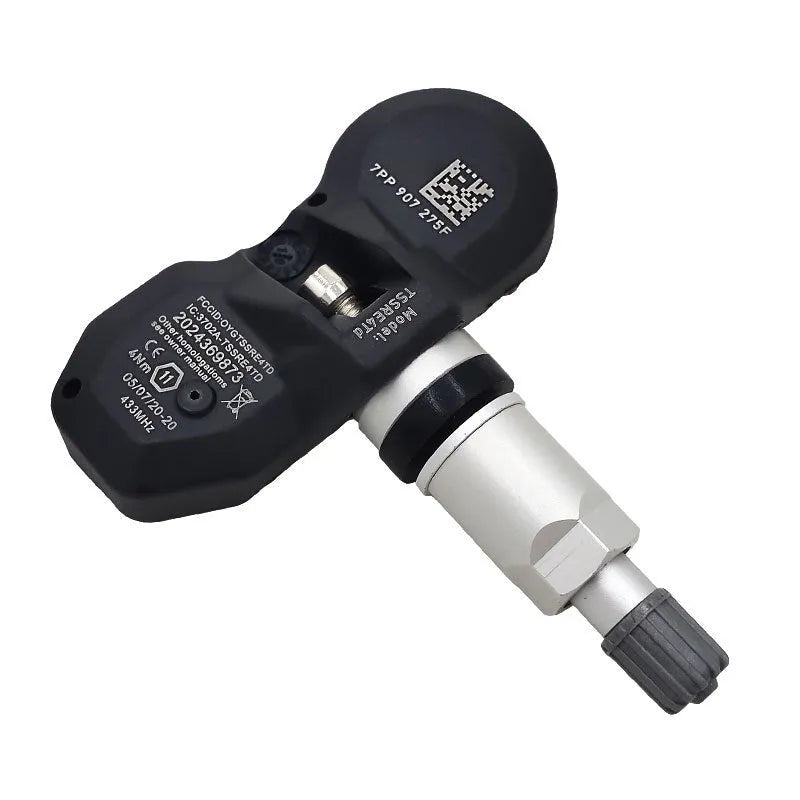 Audi car tyre pressure monitoring system TPMS replacement sensor with black valve cap.