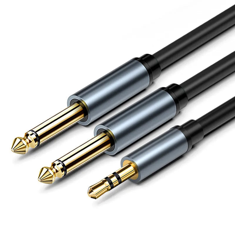 3.5mm to two 6.5mm male audio cable with black jacket and metal connectors.