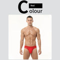 Men's low waist briefs in elastic mesh fabric shown in black, white, pink, blue, and red colours.