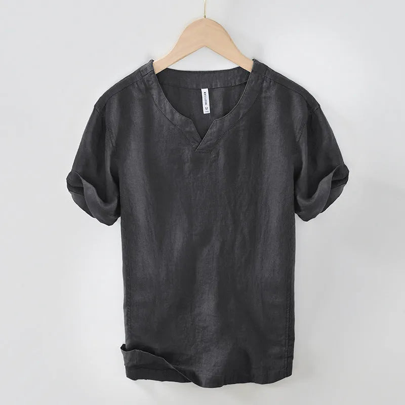 Linen pullover short sleeve t-shirt top in khaki colour with relaxed fit and tunic length
