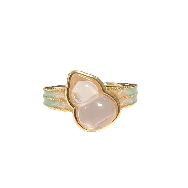 Copper adjustable ring with vintage gourd design and zircon inlay in New Chinese style