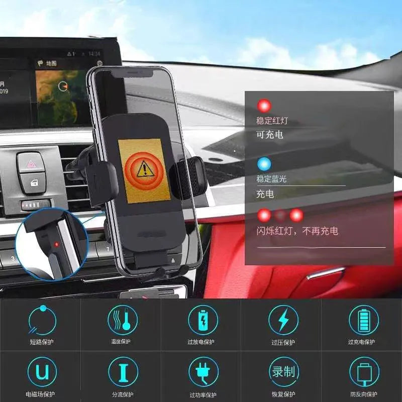 Black car dashboard wireless charging stand with 15W fast charging and air vent clip mount