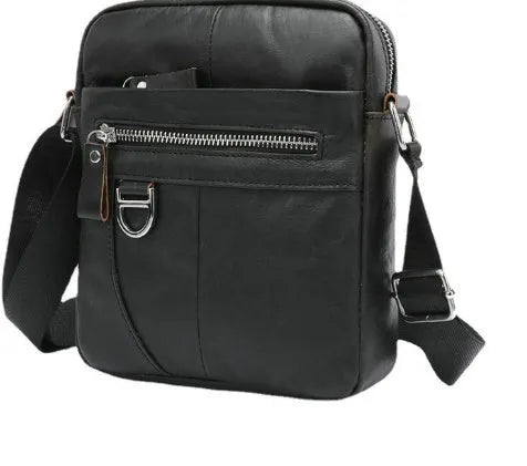 Black leather messenger bag for boys with 8-inch size and visible stitching