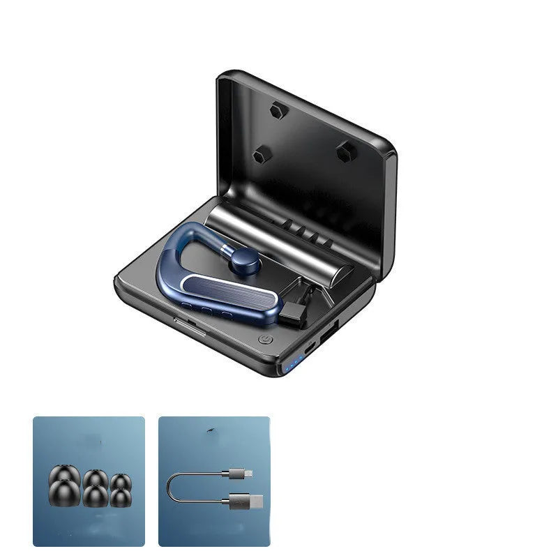 Black Bluetooth hanging earphones with charging warehouse and three pairs of ear caps on a white background