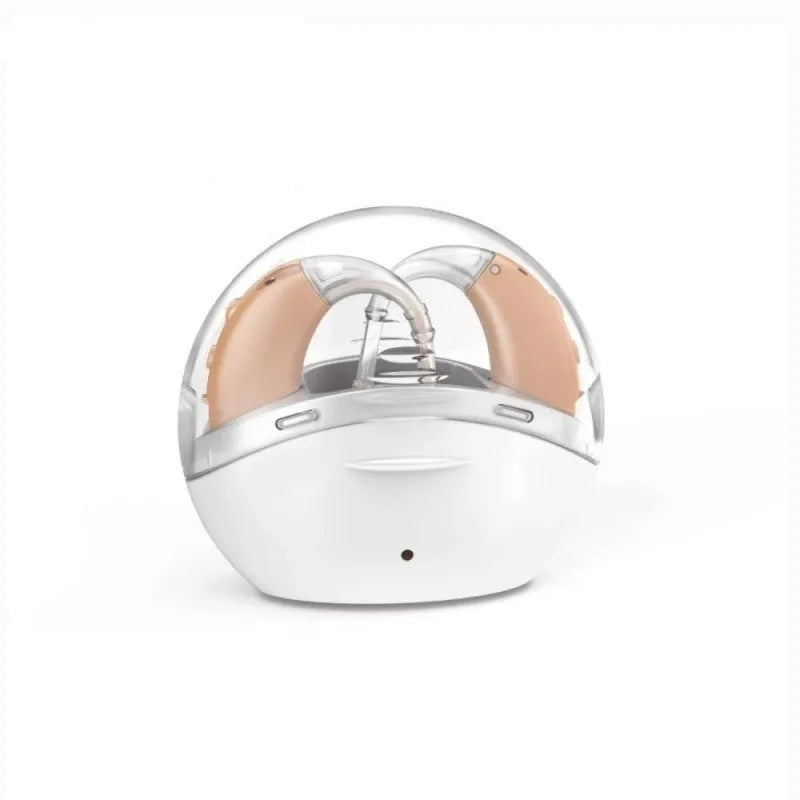 Beige rechargeable hearing aid with charger, USB powered, ear-back design for elderly