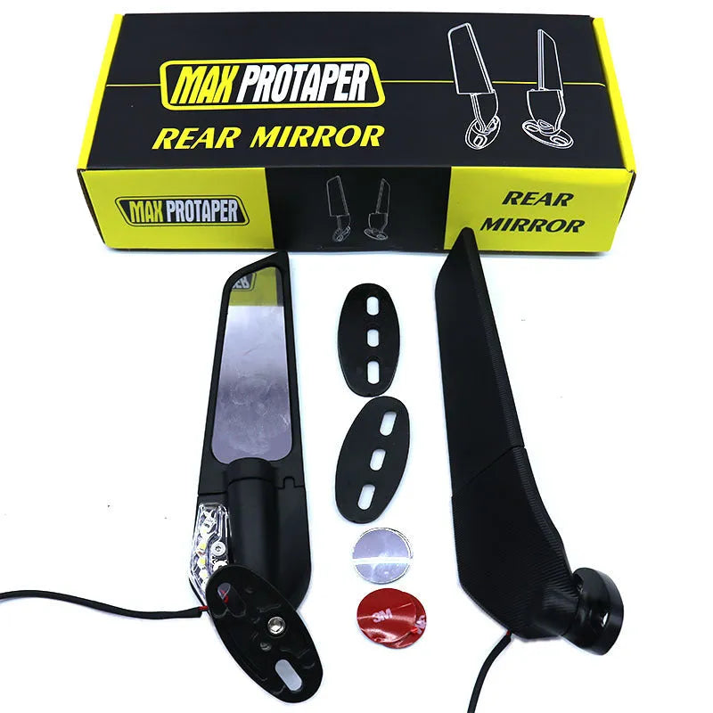Spoiler-shaped aluminium motorcycle rearview mirror with convex glass lens and yellow running light, model SH-620-5.