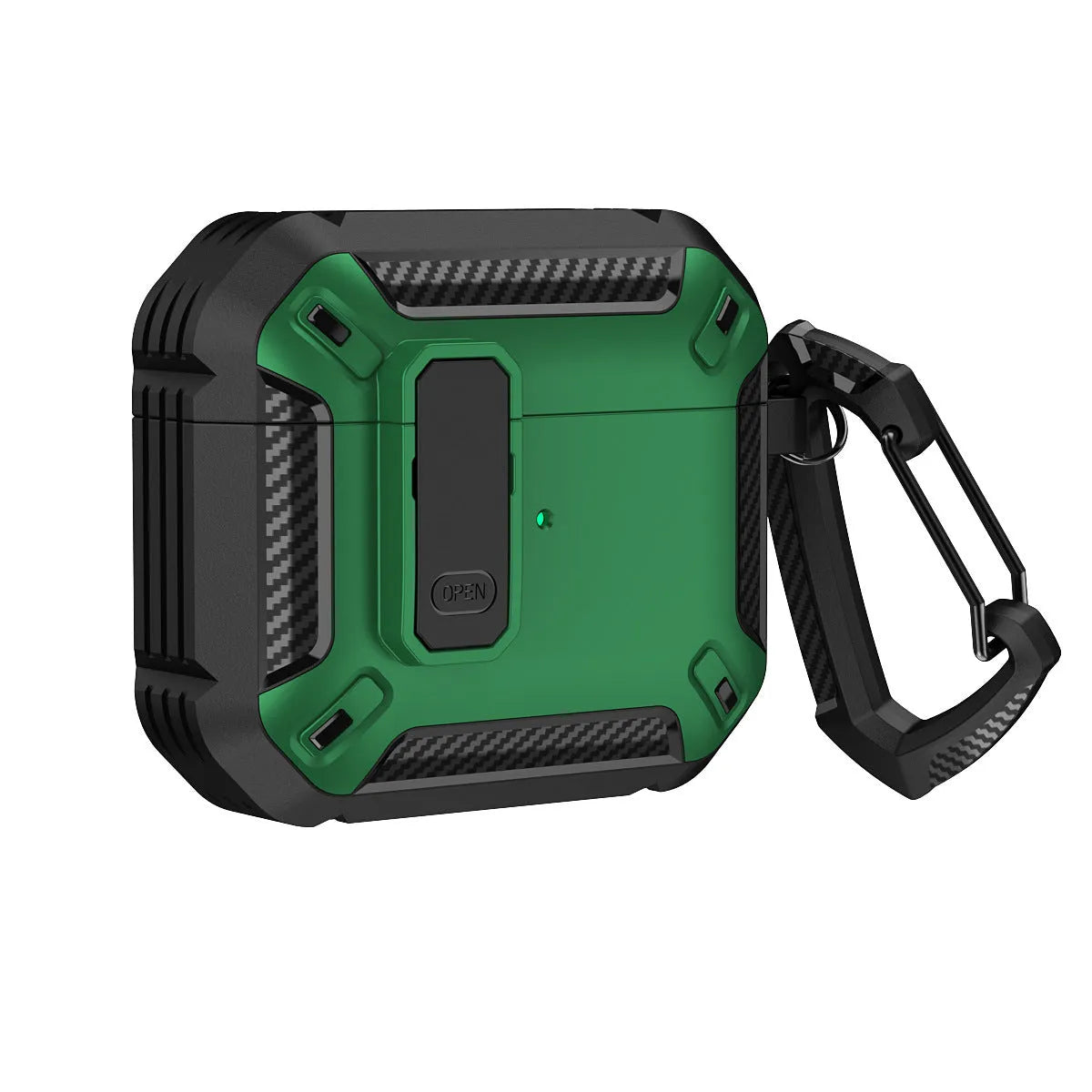 AirPods plastic clamshell protective case in a two-colour design with an attached metal carrying hook