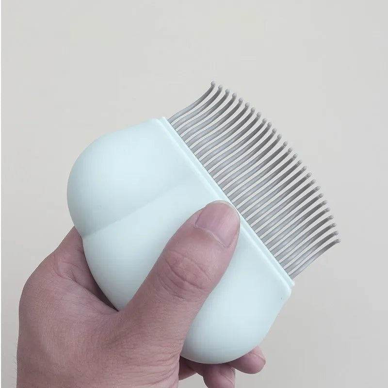 Blue deshedding brush for pets measuring 9cm by 9cm on white background
