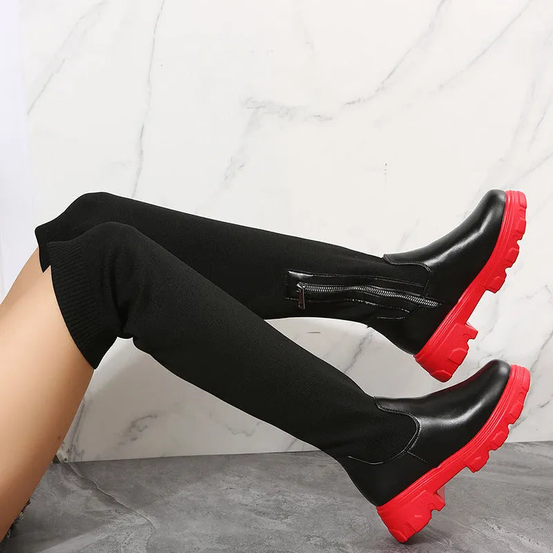 Women's knee high boots in black or red with side zipper, 3-5 cm square mid heel, artificial PU upper, and rubber sole.
