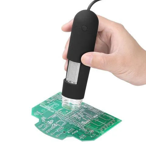 Black USB microscope camera with 1000X magnification, 8 LED lights, and adjustable focus