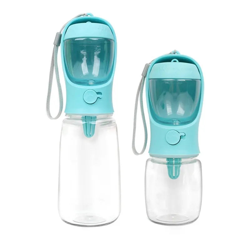 Blue portable dog water cup showing the two-in-one dispenser and bowl design for outdoor use.