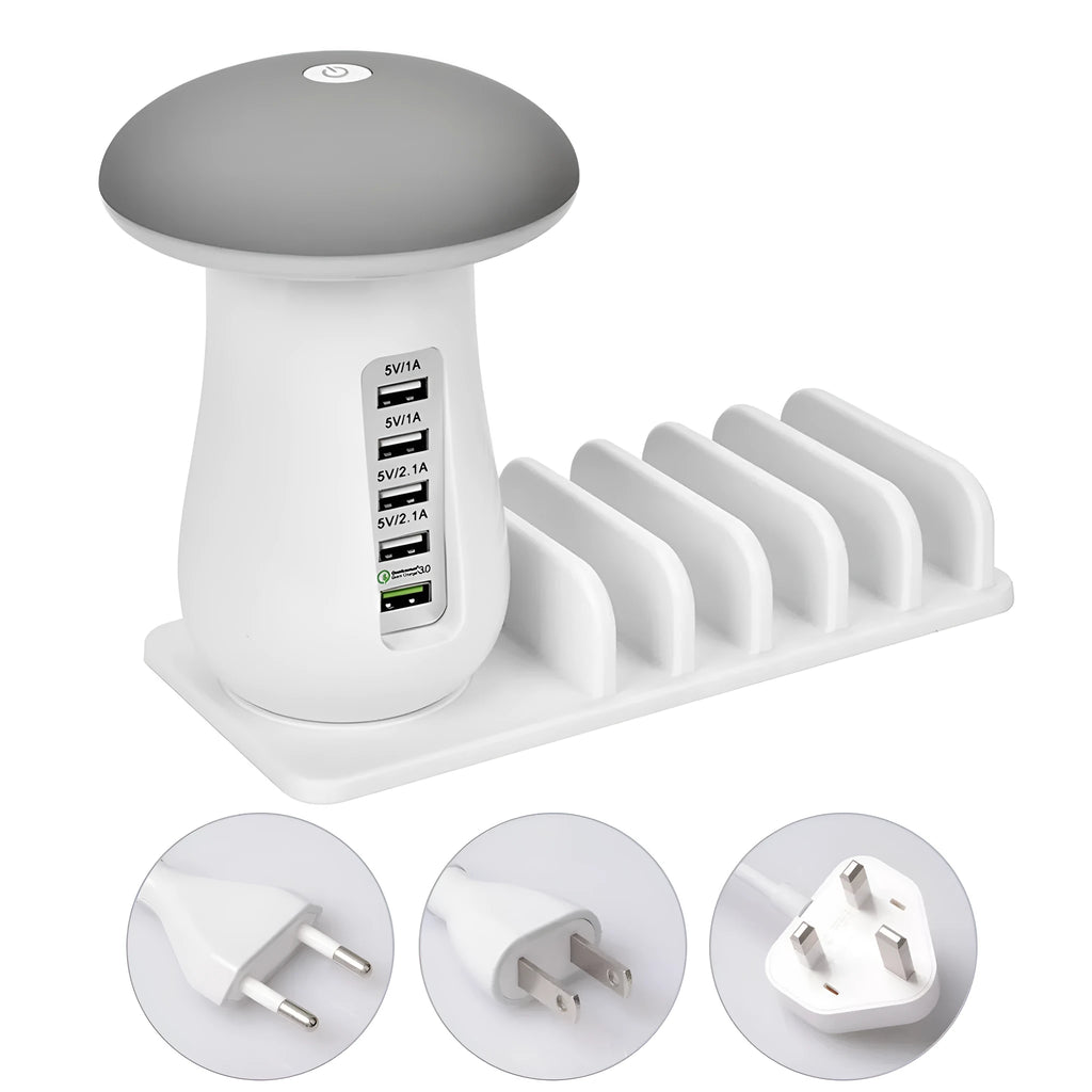 Mushroom-shaped white LED desk lamp with 5 USB charging ports for tablets and smartphones
