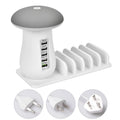 Mushroom-shaped white LED desk lamp with 5 USB charging ports for tablets and smartphones