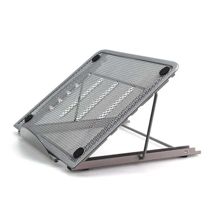 Adjustable steel laptop stand in silver, folded flat, showing spray-coated finish and gear mechanism.
