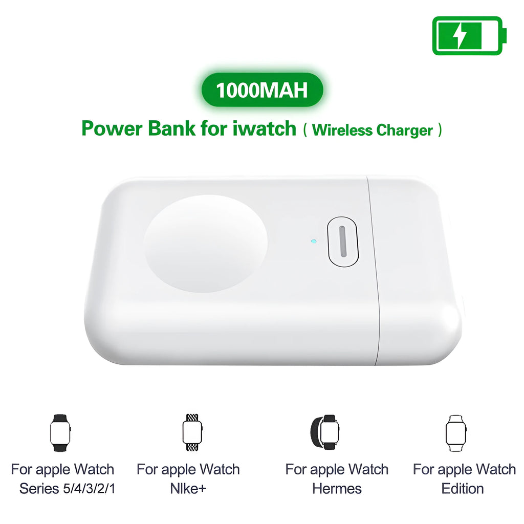 White 1000mAh wireless magnetic portable charger for Apple Watch showing compact size