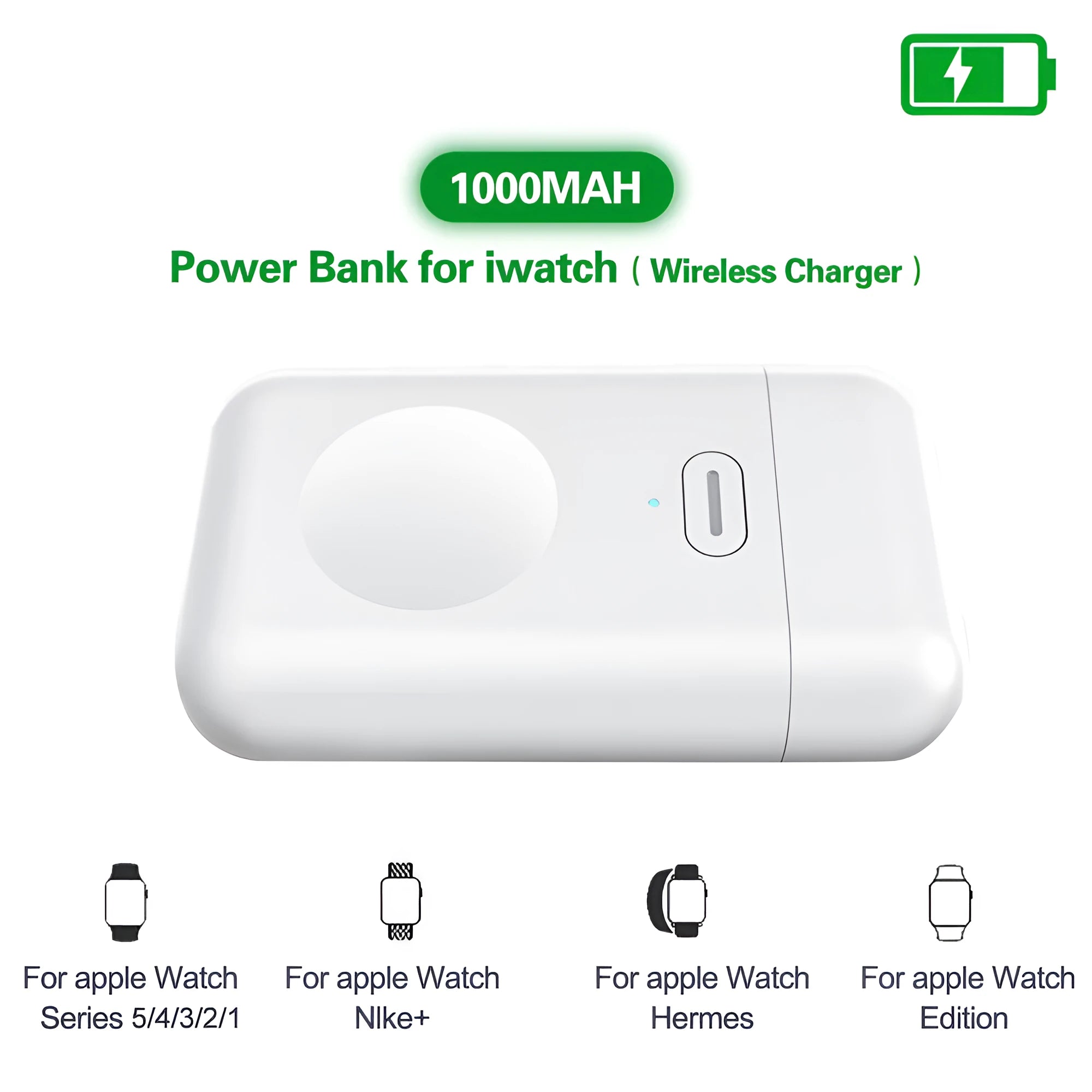 White 1000mAh wireless magnetic portable charger for Apple Watch showing compact size