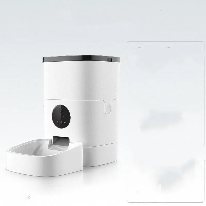 White 6L automatic pet feeder in food grade ABS for cats and dogs, 23x23x40 cm, dual power.