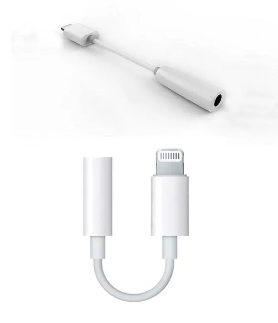 White Lightning to 3.5mm audio adapter cable for iPhone, showing both connectors on a 0.2m TPU cable.