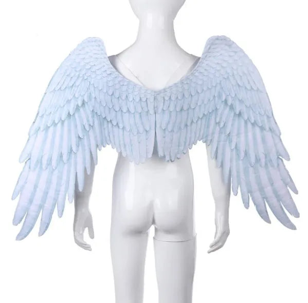 Halloween 3D angel wings in white non-woven fabric with elastic straps on child