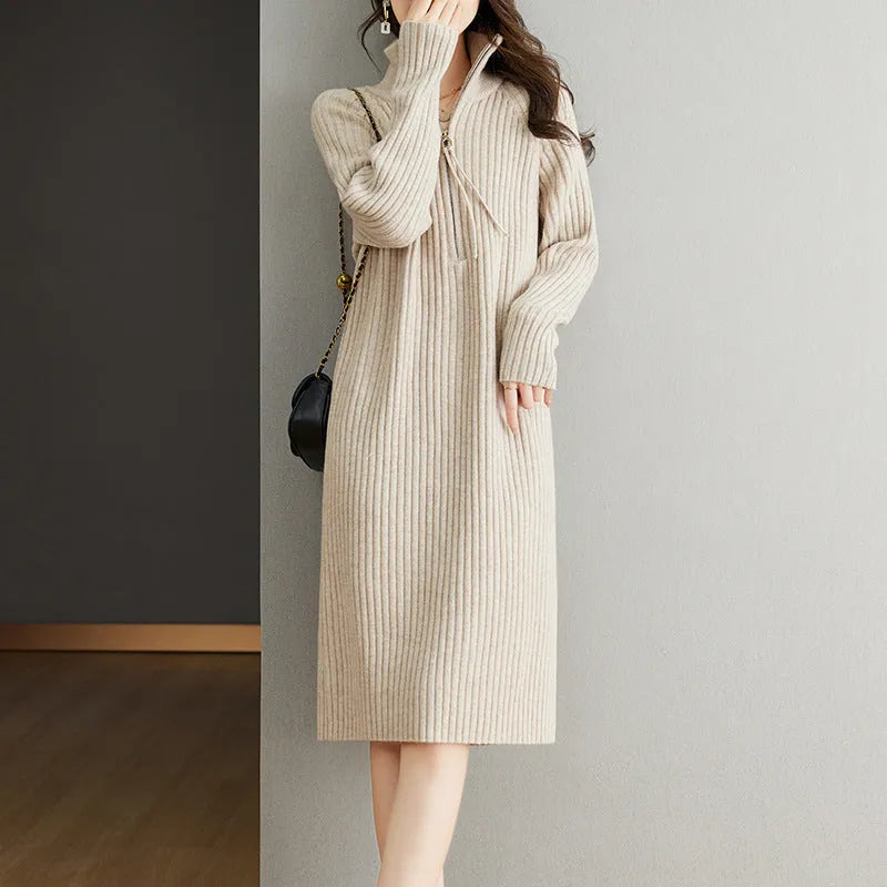 Beige half zip long sleeve midi skirt with a stand collar and straight silhouette