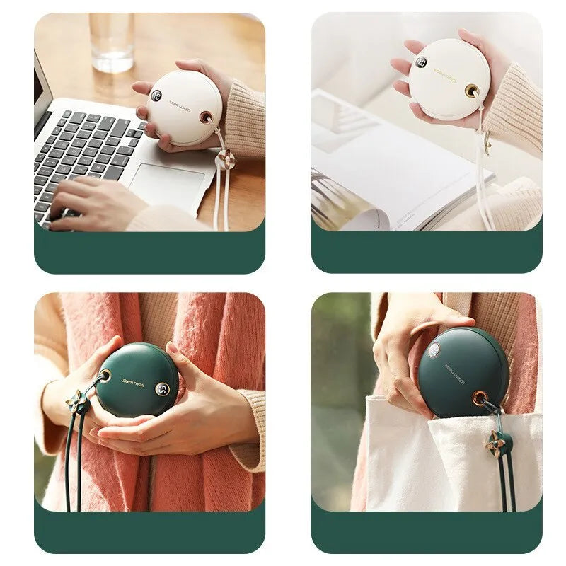 Green portable power bank with digital display, functioning as a hand warmer, shown next to its USB Type-C cable.