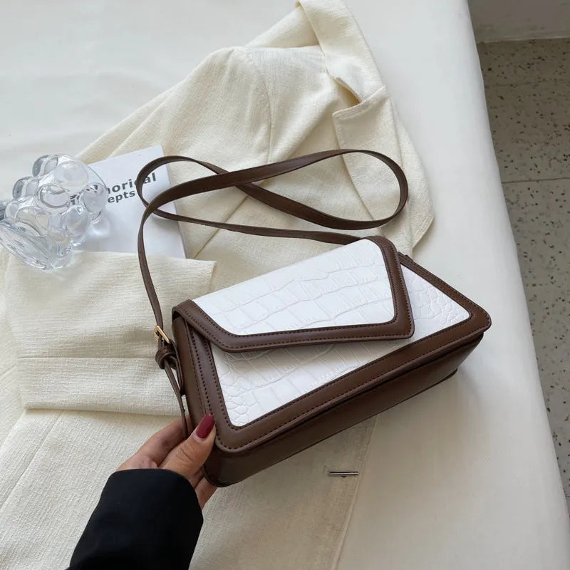 Horizontal square PU leather shoulder bag with stone pattern in black, white, khaki or creamy-white