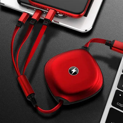 3-in-1 telescopic charging cable extended to show connectors with 120cm TPE cable and titanium alloy plugs.