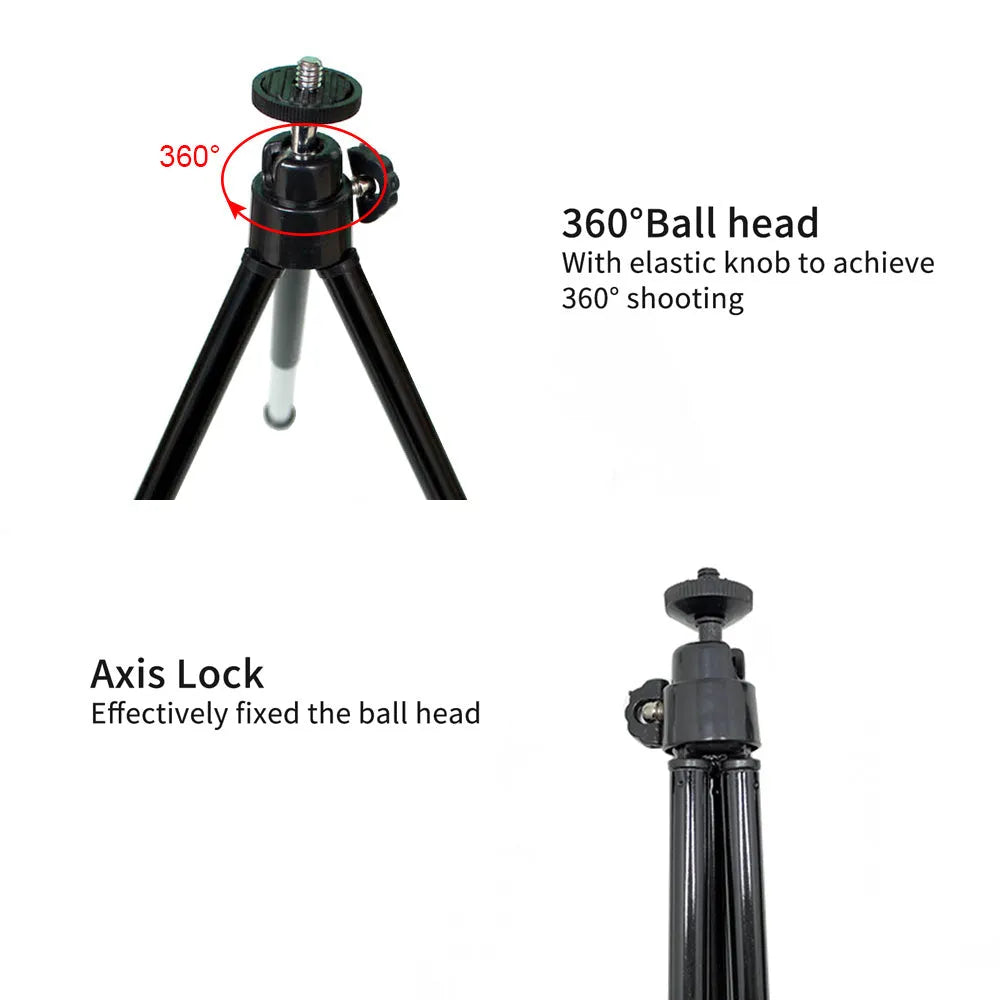 Mini flexible aluminium tripod with ball head and separate phone clip on desktop