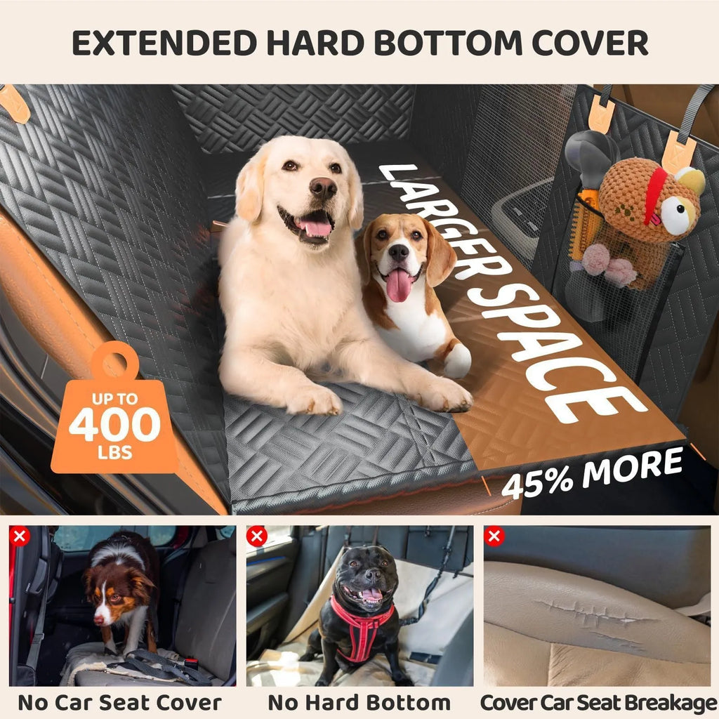 Black cloth car pet mat placed on rear seat for dog travel protection