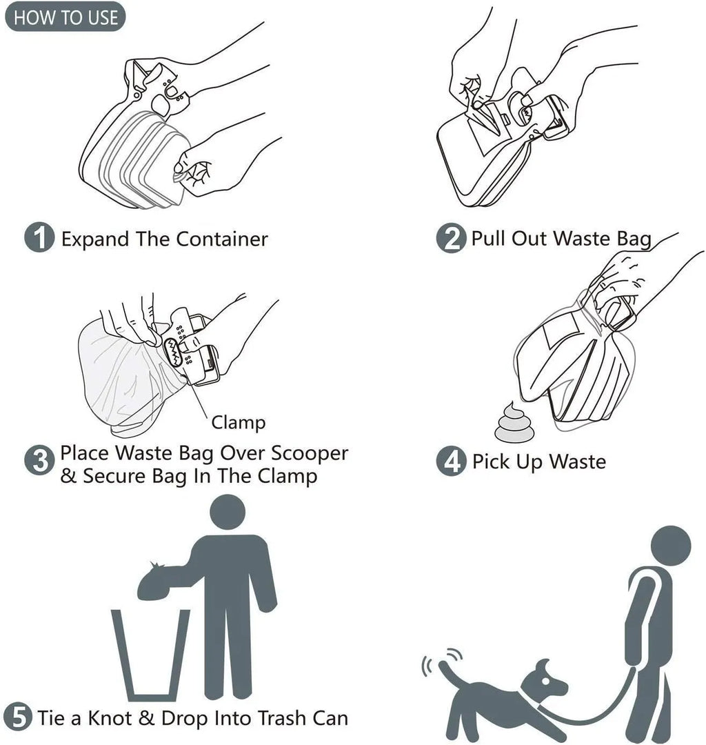 Blue portable dog pooper scooper with carabiner clip, expanded waste container, and bag dispenser.